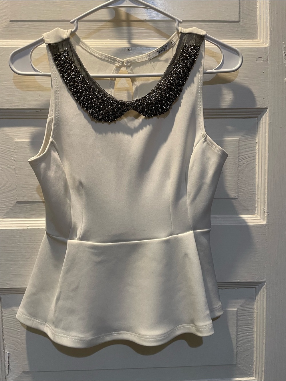 Beaded Collar White Peplum Tank Top, Size Small